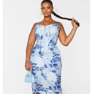 Plus size Blue Tie Dye Corset Detail Midi Dress